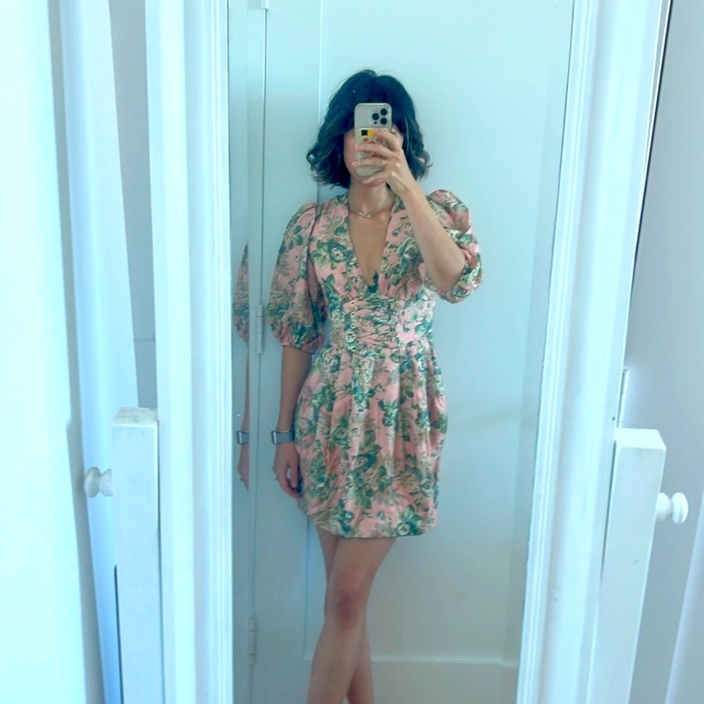 Like new Zimmermann silk tempest lace up deep v floral dress